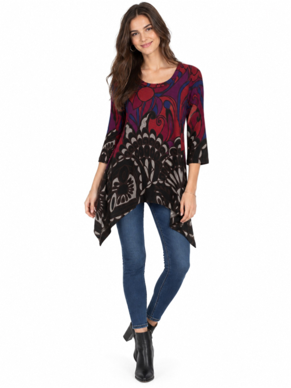 Premise Paisley Sharkbite Tunic Top, Size M, Red and Purple